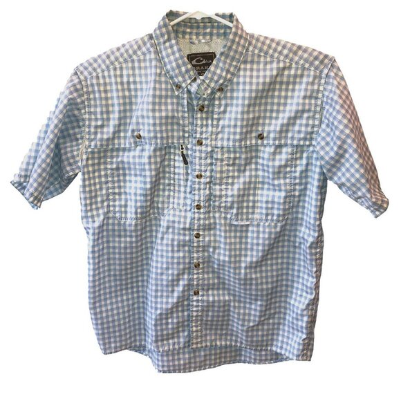 Drake Mens Medium Blue Plaid Short Sleeve Button Down Vented Fishing Shirt Sz M - Picture 1 of 12